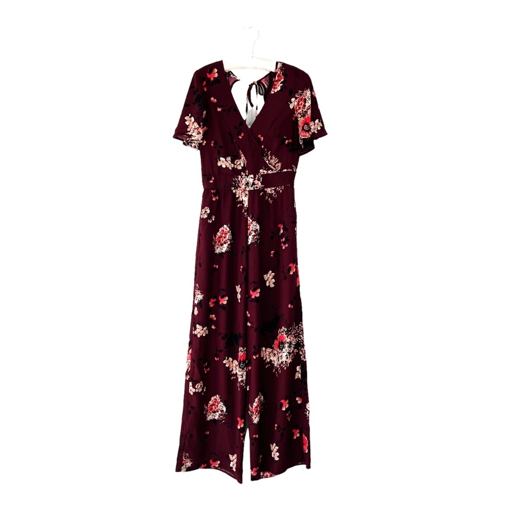Band of Gypsies burgundy floral jumpsuit flutter sleeve cut out back wrap bodice